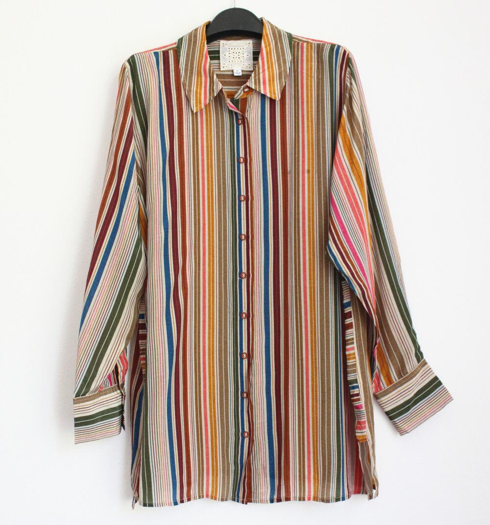 JOHNNY WAS Vichy Side Contrast Slit Silk Shirt Size XL Bohemian $248